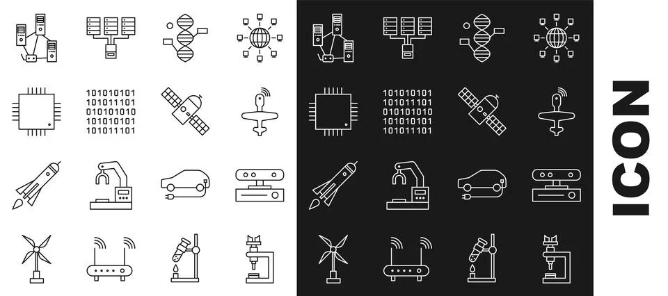 Set line Microscope, Motion sensor, UAV Drone, DNA symbol, Binary code Stock Illustration