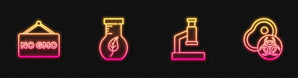 Set line Microscope, No GMO, Test tube and flask and Genetically modified meat Illustrazione stock