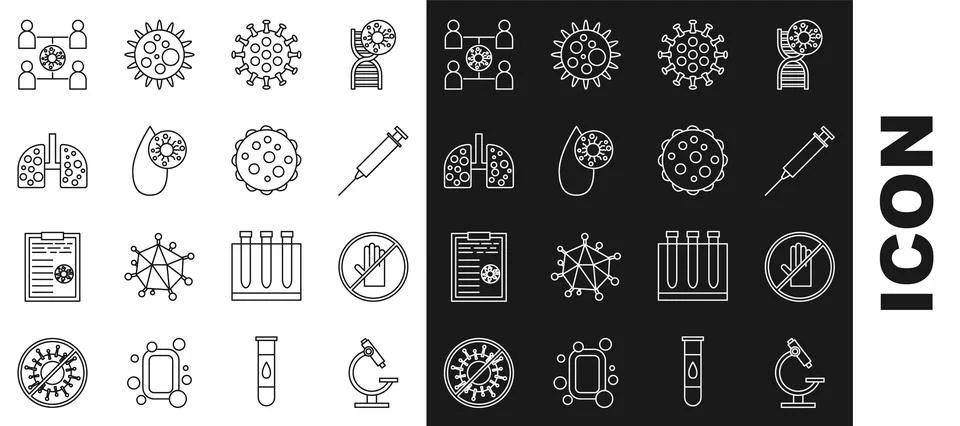Set line Microscope, No handshake, Syringe, Virus, Blood test virus, cells lung Stock Illustration