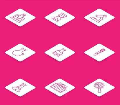 Set line Microscope, Old hourglass, Test tube,  and  icon. Vector イラスト素材