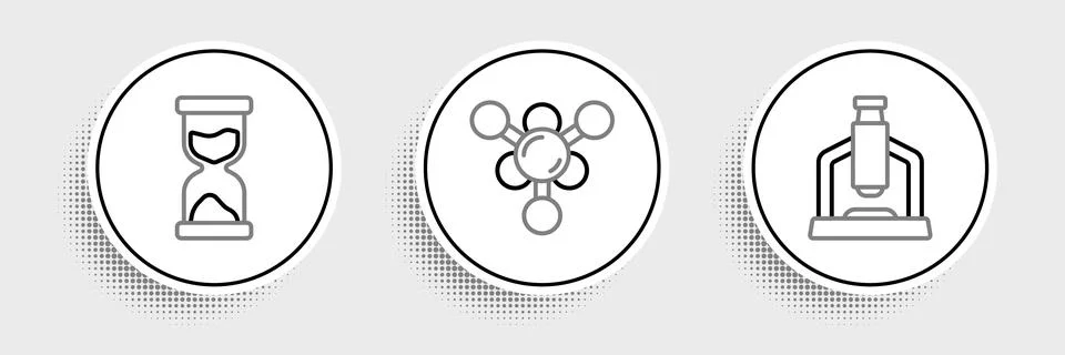 Set line Microscope, Old hourglass and Molecule icon. Vector Illustrazione stock