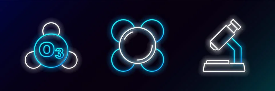 Set line Microscope, Ozone and Molecule icon. Glowing neon. Vector Illustrazione stock
