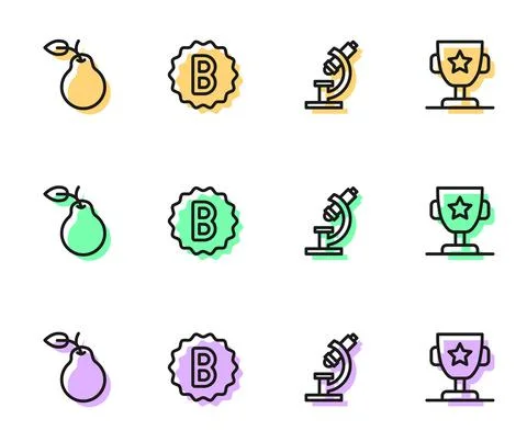 Set line Microscope, Pear, Exam paper with incorrect answers and Award cup icon Stockillustratie
