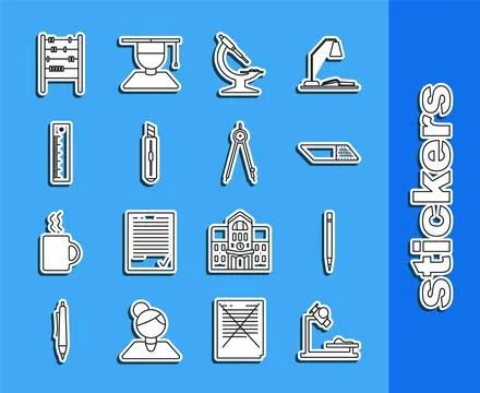 Set line Microscope, Pencil with eraser, Eraser or rubber, Stationery knife.. Illustrazione stock