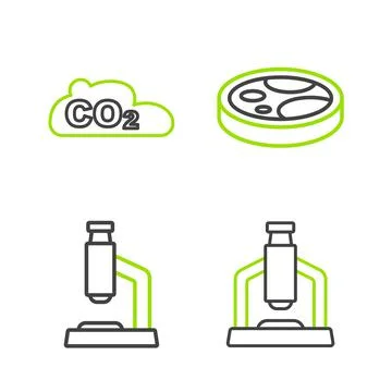Set line Microscope, Petri dish with bacteria and CO2 emissions in cloud icon Stock Illustration
