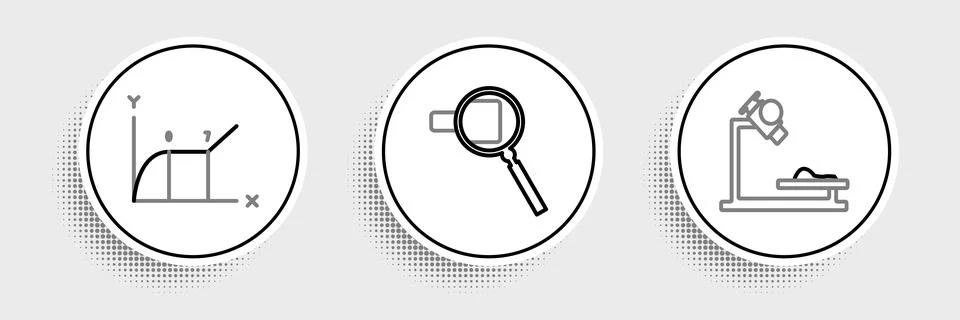 Set line Microscope, Pie chart infographic and Magnifying glass icon. Vector イラスト素材