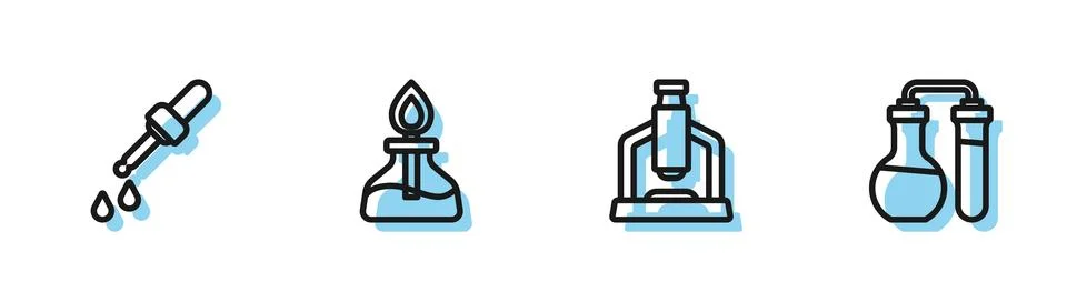 Set line Microscope, Pipette, Alcohol or spirit burner and Test tube icon 스톡 일러스트