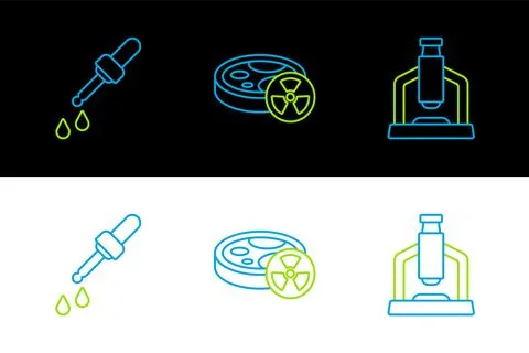 Set line Microscope, Pipette and Test tube with toxic liquid icon. Vector Illustrazione stock