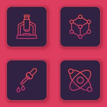 Set line Microscope, Pipette, Molecule and Atom. Blue square button. Vector Illustrazione stock
