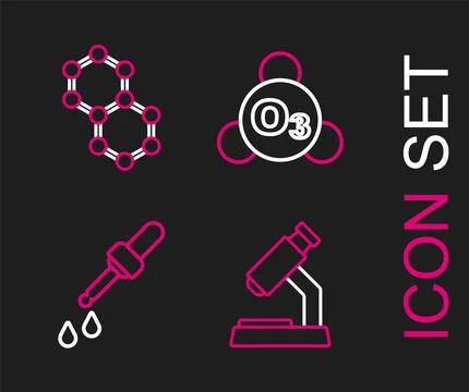 Set line Microscope, Pipette, Ozone and Molecule icon. Vector Illustrazione stock