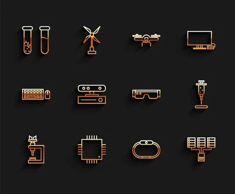Set line Microscope, Processor with microcircuits CPU, Test tube and flask イラスト素材