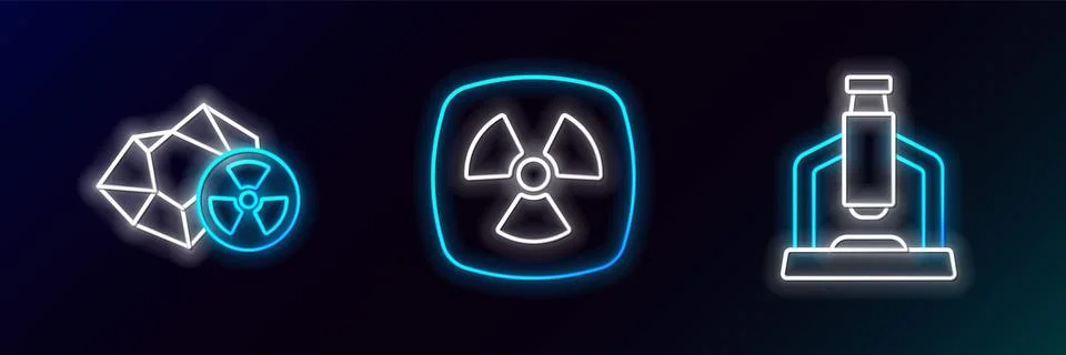 Set line Microscope, Radioactive and  icon. Glowing neon. Vector Illustrazione stock