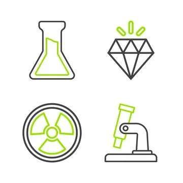 Set line Microscope, Radioactive, Diamond and Test tube and flask icon. Vecto Stock Illustration