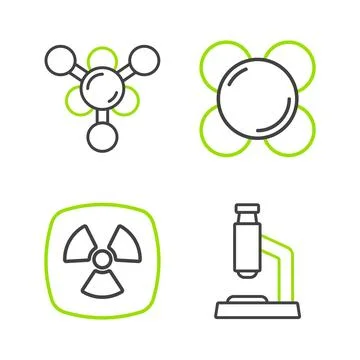 Set line Microscope, Radioactive, Molecule and icon. Vector Stock Illustration