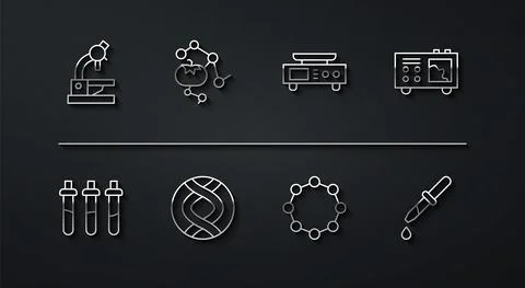 Set line Microscope, Reagent bottle, Spectrometer, Chemical formula, DNA symbol Stock Illustration