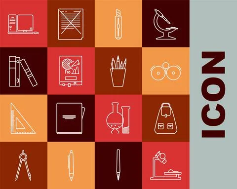 Set line Microscope, Ringing alarm bell, Stationery knife, Board with graph Illustrazione stock