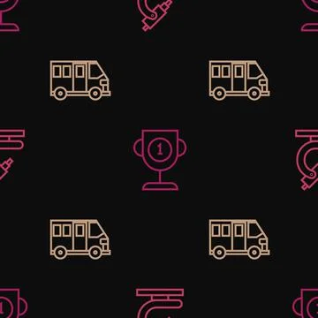 Set line Microscope, School Bus and Award cup on seamless pattern. Vector Stockillustratie