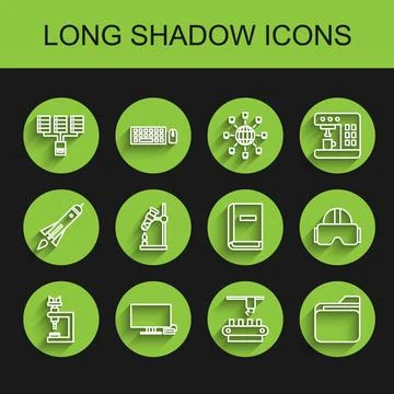 Set line Microscope, Smart Tv, Server, Data, Web Hosting, Factory conveyor .. Stock Illustration