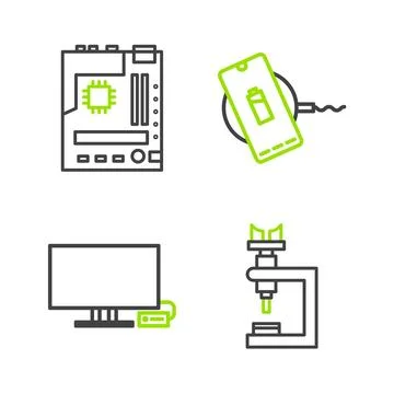Set line Microscope, Smart Tv, Wireless charger and Motherboard icon. Vector Stock Illustration