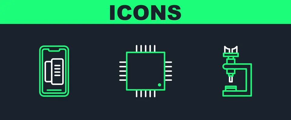 Set line Microscope, Smartphone, mobile phone and Processor with microcircuits Stock Illustration