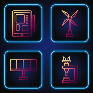 Set line Microscope, Solar energy panel, Graphic tablet and Wind turbine 스톡 일러스트