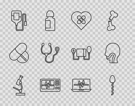 Set line Microscope, Sperm, Healed broken heart, Monitor with cardiogram, I.. Stock Illustration