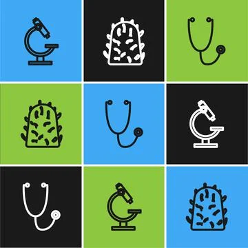 Set line Microscope, Stethoscope and Rabies virus icon. Vector イラスト素材