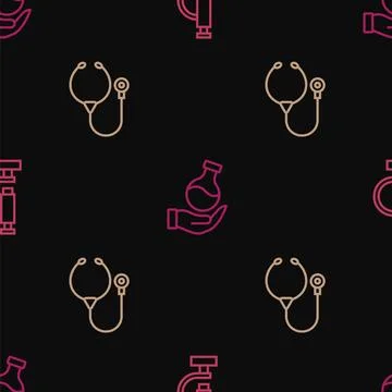 Set line Microscope, Stethoscope and Test tube on seamless pattern. Vector Illustrazione stock