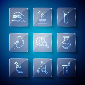 Set line Microscope, Stomach with magnifying glass, Laboratory glassware or Illustrazione stock