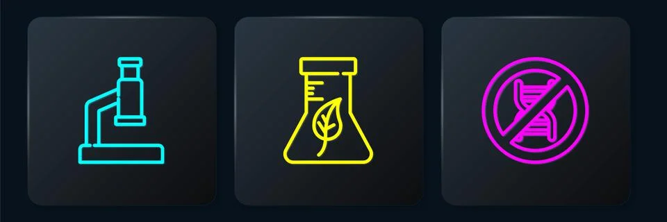 Set line Microscope, Stop GMO and Test tube and flask. Black square button Illustrazione stock