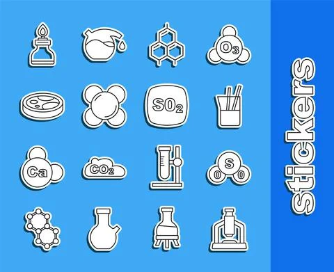 Set line Microscope, Sulfur dioxide SO2, Laboratory glassware, Chemical formula Stock Illustration