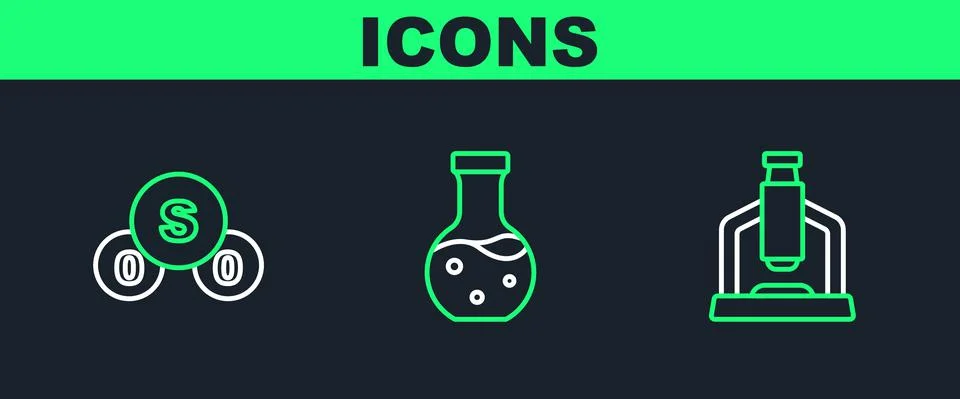 Set line Microscope, Sulfur dioxide SO2 and Test tube icon. Vector Illustrazione stock