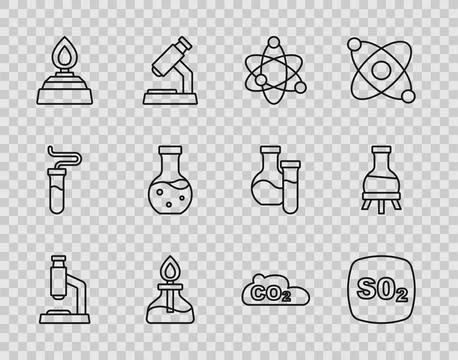 Set line Microscope, Sulfur dioxide SO2, Atom, Alcohol or spirit burner, Test 스톡 일러스트