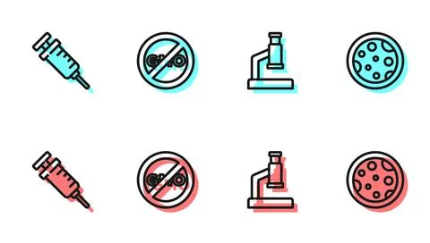 Set line Microscope, Syringe, No GMO and Petri dish with bacteria icon. Vector Stock Illustration