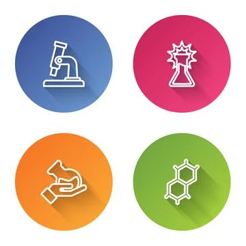 Set line Microscope, Test tube and flask, and Chemical formula. Color circle Stock Illustration