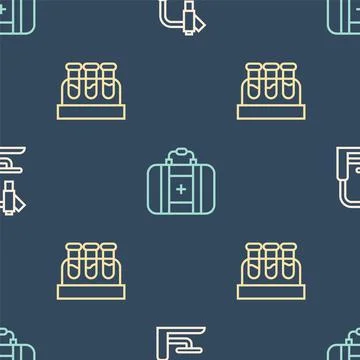 Set line Microscope, Test tube with blood and First aid kit on seamless pattern Stock Illustration