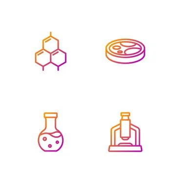 Set line Microscope, Test tube, Chemical formula and Petri dish with bacteria Stockillustratie