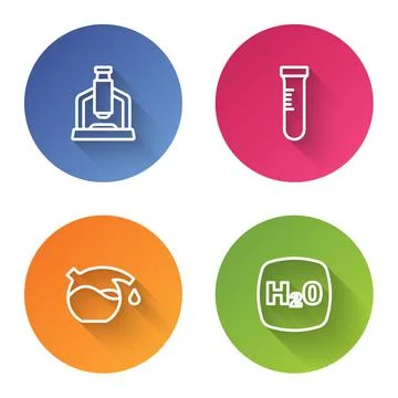 Set line Microscope, Test tube, and Chemical formula H2O. Color circle button Stockillustratie