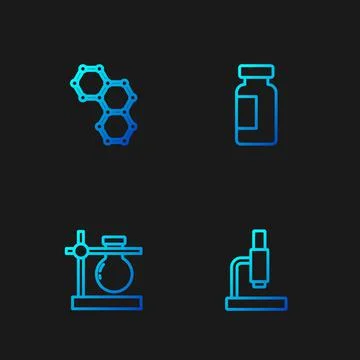 Set line Microscope, Test tube flask on stand, Chemical formula and . Gradient Illustrazione stock