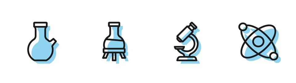Set line Microscope, Test tube, and Atom icon. Vector Stockillustratie