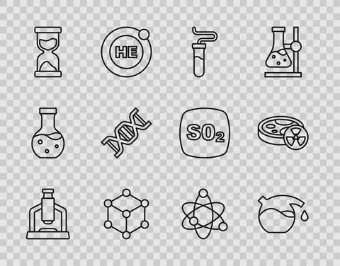 Set line Microscope, Test tube, Molecule, Old hourglass, DNA symbol, Atom and Stockillustratie
