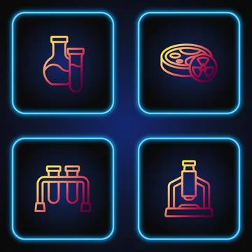 Set line Microscope, Test tube, and with toxic liquid. Gradient color icons Illustrazione stock