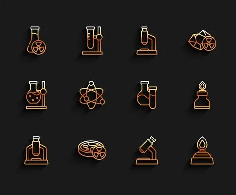Set line Microscope, Test tube with toxic liquid, Alcohol or spirit burner, Atom Stock Illustration