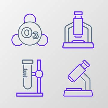 Set line Microscope, Test tube flask on stand, and Ozone icon. Vector Illustrazione stock