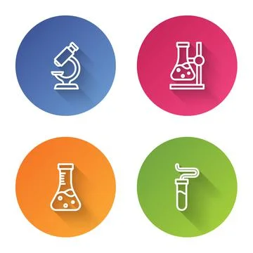 Set line Microscope, Test tube flask on stand, and . Color circle button. Vector Illustrazione stock