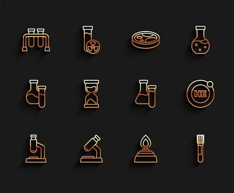 Set line Microscope, Test tube, Alcohol or spirit burner, Old hourglass, Helium Illustrazione stock