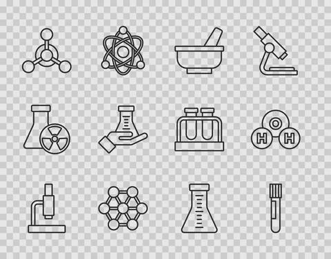 Set line Microscope, Test tube and flask, Mortar pestle, Molecule, and Chemical 库存插图