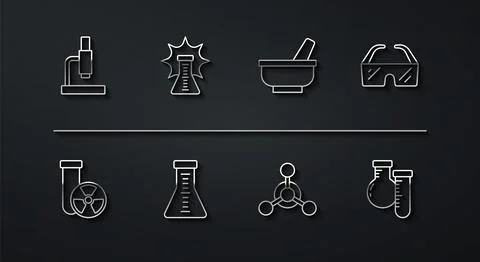 Set line Microscope, Test tube radiation, Safety goggle glasses, Molecule, and 스톡 일러스트