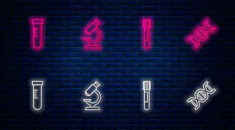Set line Microscope, Test tube,  and DNA symbol. Glowing neon icon on brick w Illustrazione stock