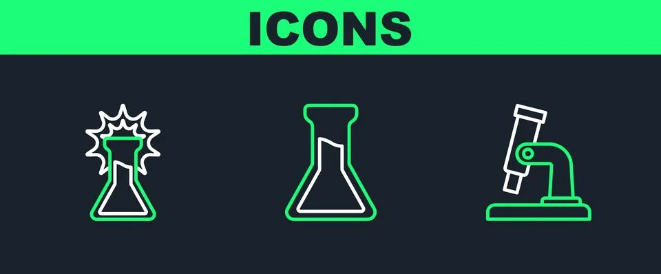 Set line Microscope, Test tube and flask and icon. Vector Stock Illustration